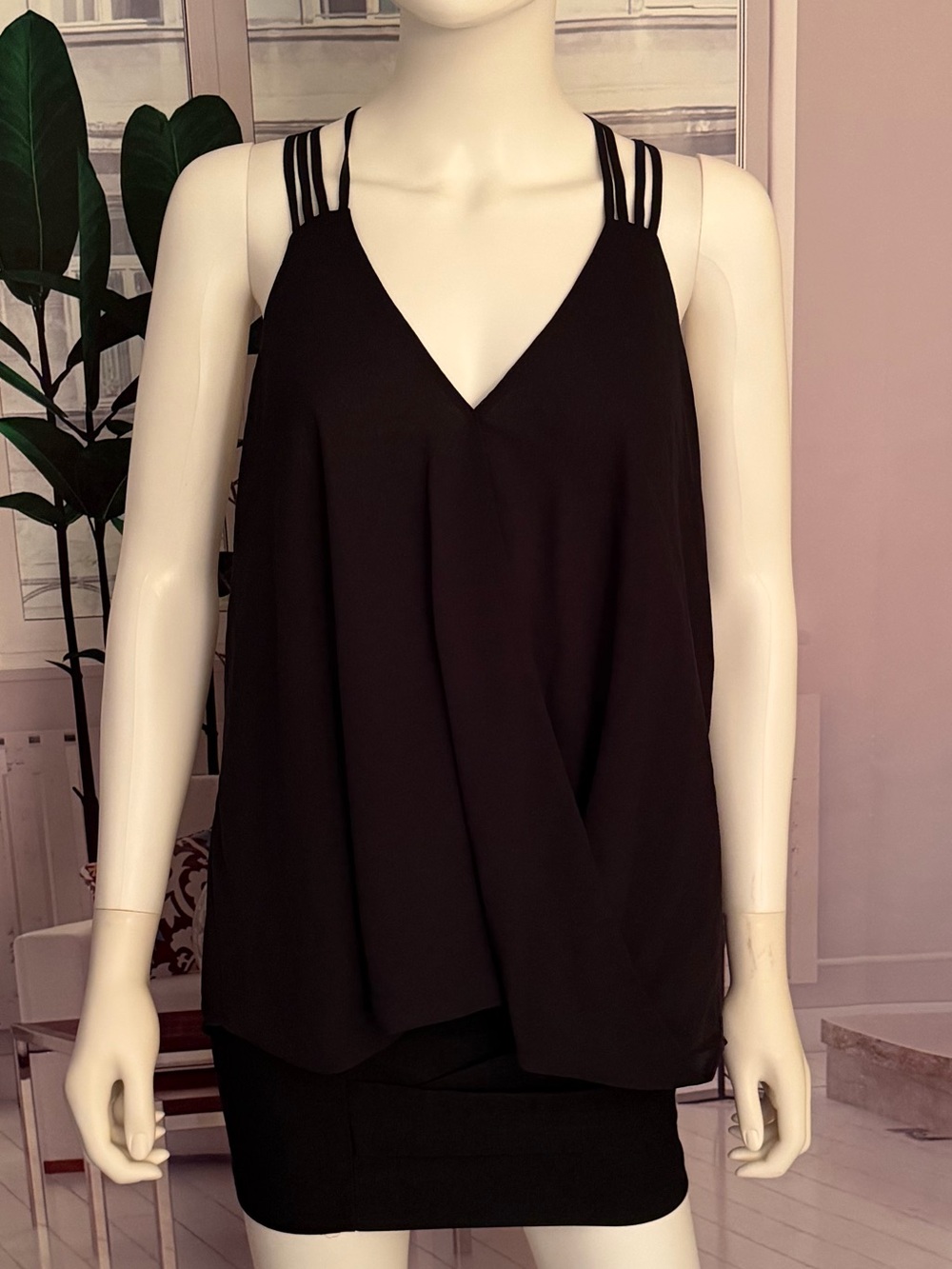 Maurice’s Black Deeply Draped Faux Wrap Plunging V Neck Multi Straps Top